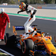 Stoffel Vandoorne climbing out of his car after stopping on track during preseason testing at Circuit de Catalunya in Barcelona.